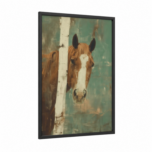 Rustic Quarter Horse framed art print — black wood frame — sage green and russet palette