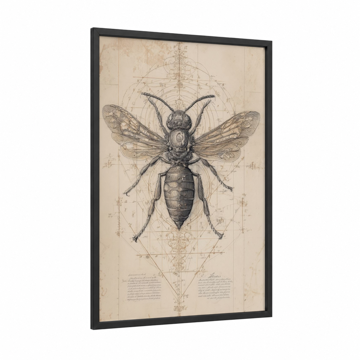 Geometric Wasp framed art print — black wood frame — beige and black and white palette
