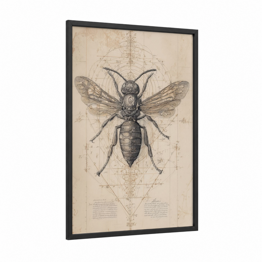 Geometric Wasp framed art print — black wood frame — beige and black and white palette