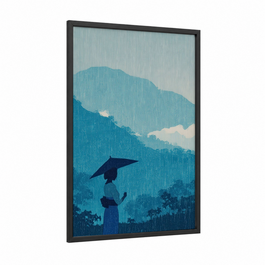 Rainy Hula Dancer framed art print — black wood frame — blue and gray and white palette