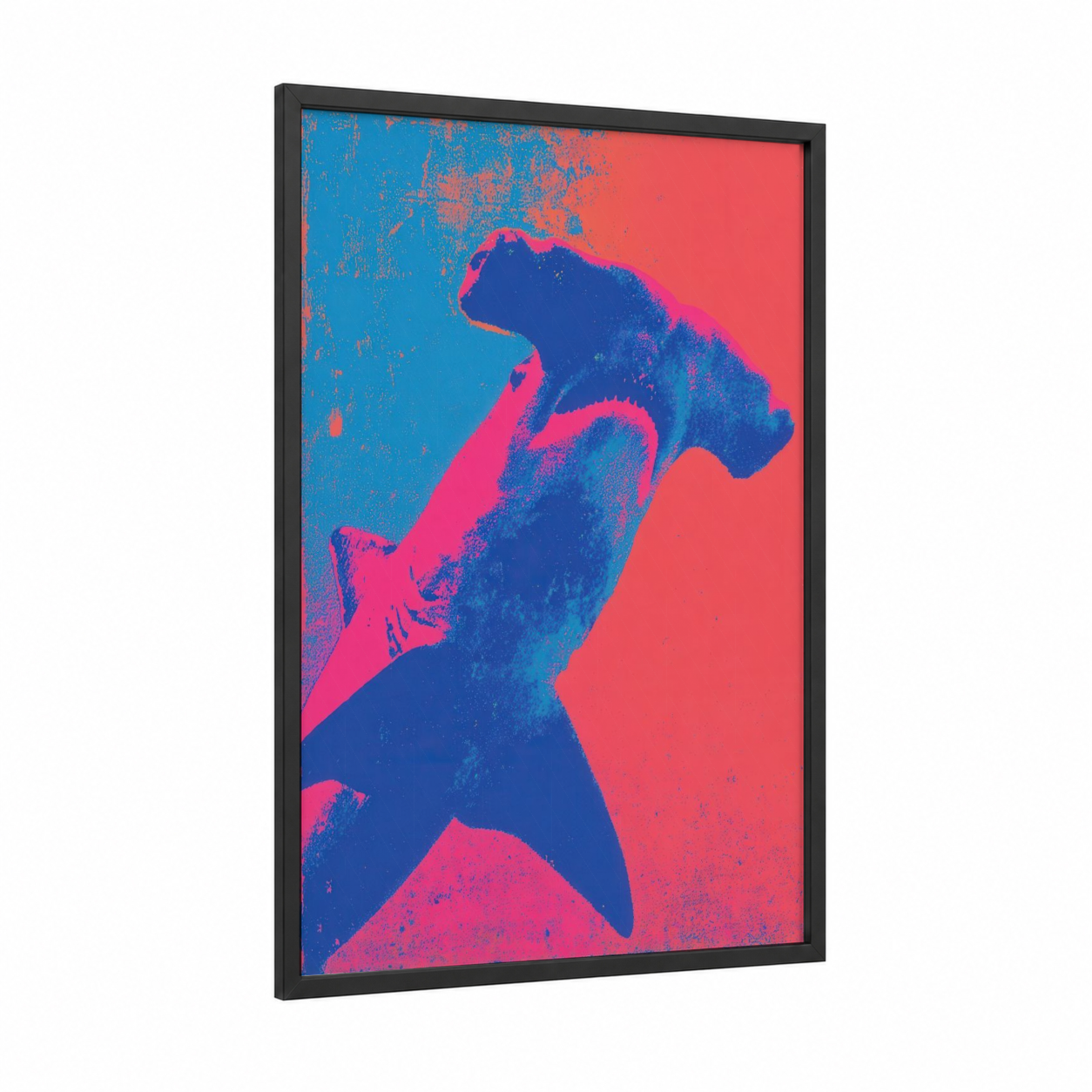 Neon Hammerhead framed hammerhead shark print — black wood frame — blue and magenta palette
