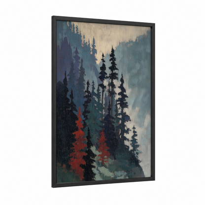 Misty Forest Towers framed forest trees print — black wood frame — blue and gray and red palette
