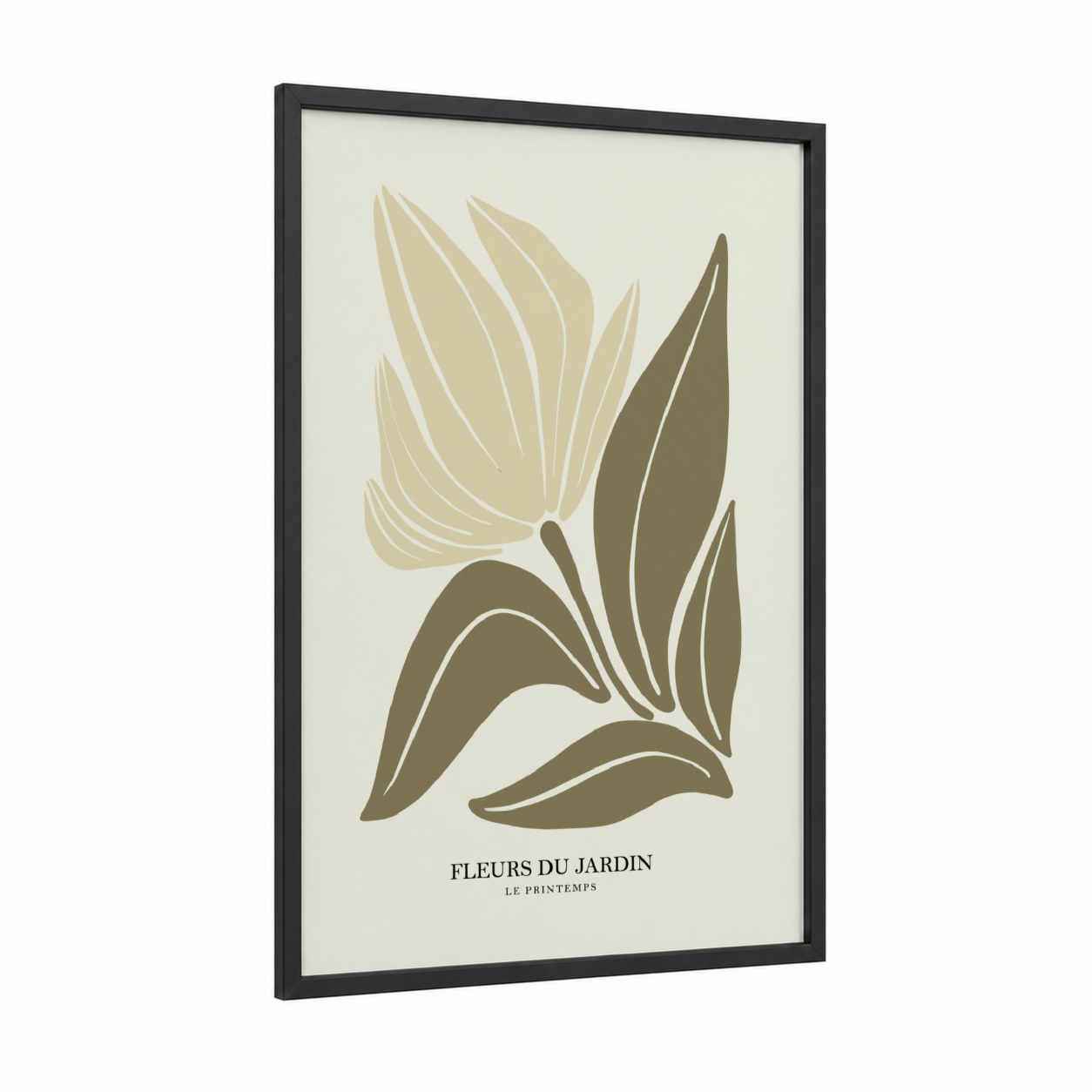 Spring Garden Blooms framed abstract flower print — black wood frame — cream and olive palette
