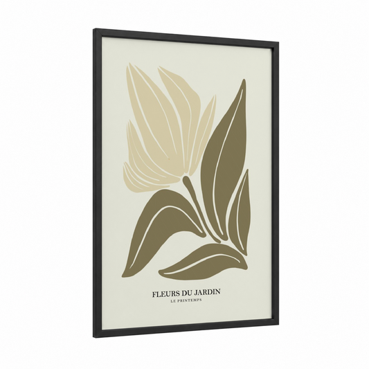 Spring Garden Blooms framed abstract flower print — black wood frame — cream and olive palette