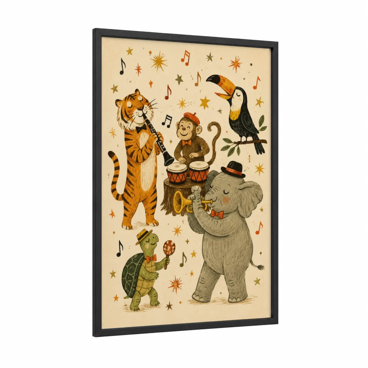 Musical Animal Band Wall Art framed tiger print — black wood frame — gold and beige palette