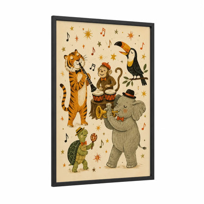 Musical Animal Band Wall Art framed tiger print — black wood frame — gold and beige palette