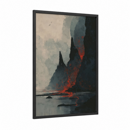 Volcanic Cliff Eruption framed art print — black wood frame — black and red palette