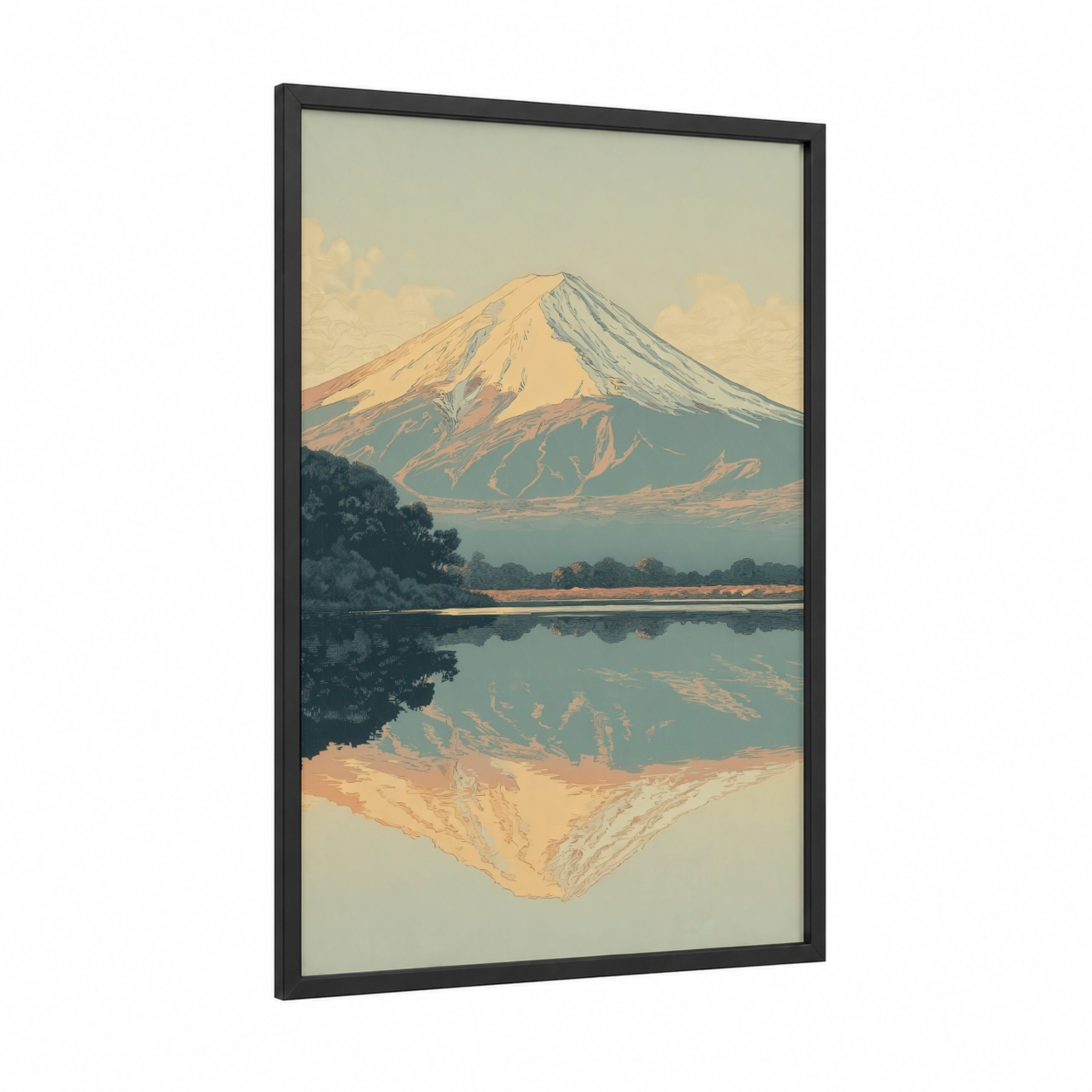 Serene Mount Fuji framed art print — black wood frame — gold and teal palette