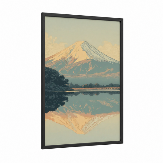 Serene Mount Fuji framed art print — black wood frame — gold and teal palette