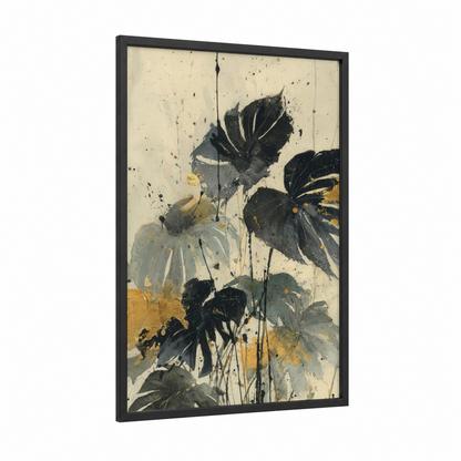 Dark Palm Elegance framed palm tree print — black wood frame — black and white and gold palette