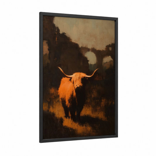 Golden Highland Cow framed art print — black wood frame — gold and brown palette