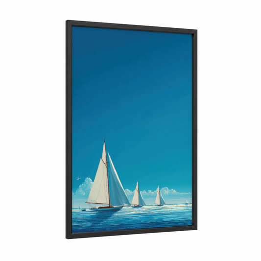 Classic Sailing Regatta framed sailing ship print — black wood frame — blue and white palette