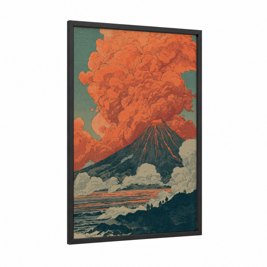 Crimson Mountain Eruption framed volcano print — black wood frame — pumpkin and teal palette