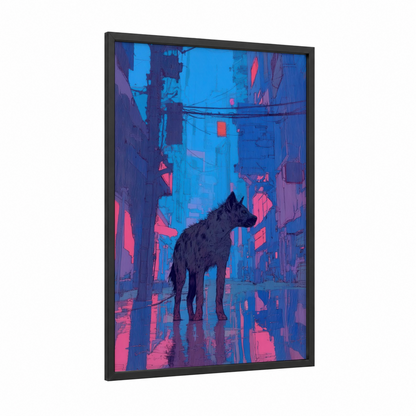 Neon Hyena framed art print — black wood frame — blue and magenta palette