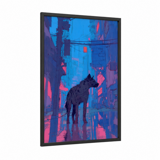 Neon Hyena framed art print — black wood frame — blue and magenta palette