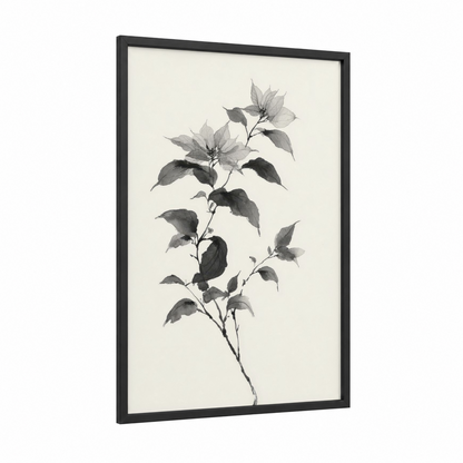 Delicate Poinsettias framed art print — black wood frame — gray and white palette