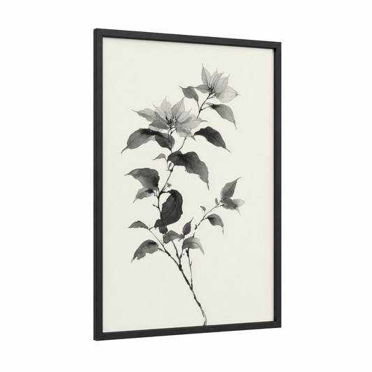 Delicate Poinsettias framed art print — black wood frame — gray and white palette