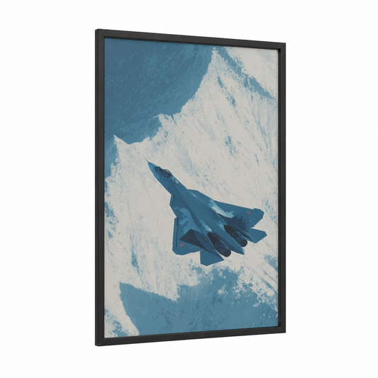 Military Fighter Jet framed military plane print — black wood frame — blue and white palette