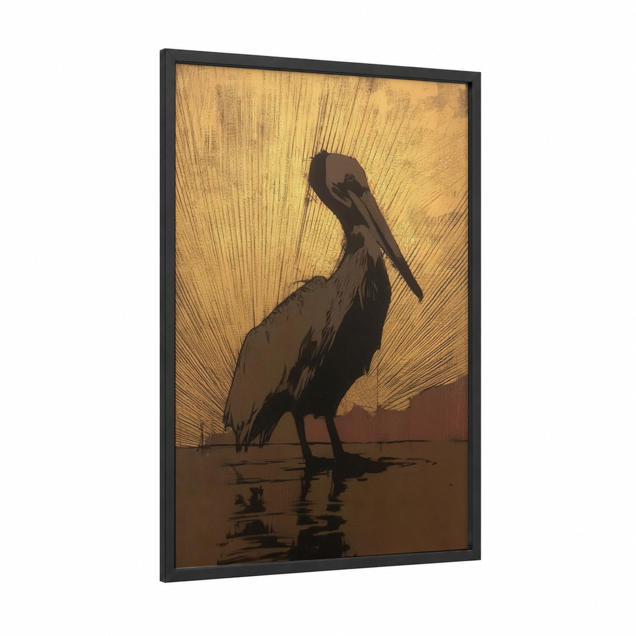 Golden Pelican framed art print — black wood frame — gold and brown palette