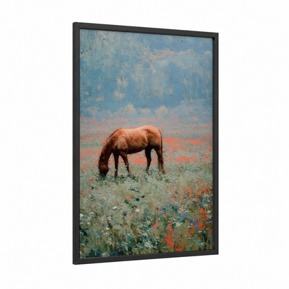 Grazing Quarter Horse framed art print — black wood frame — blue and gold and orange palette