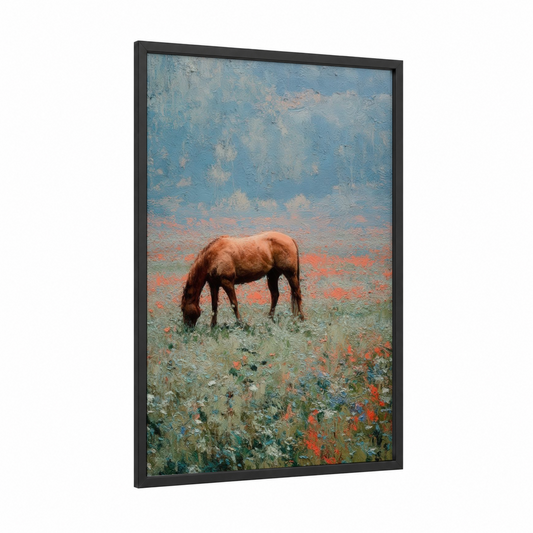 Grazing Quarter Horse framed art print — black wood frame — blue and gold and orange palette
