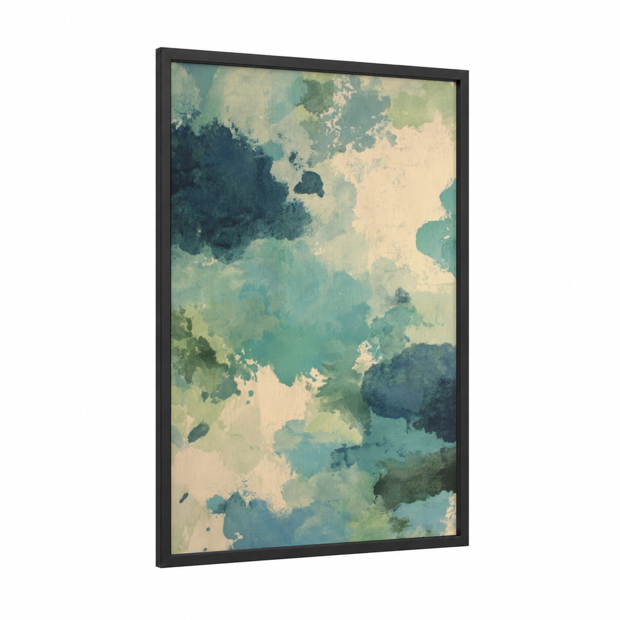 Ethereal Watercolor framed abstract expressionism print — black wood frame — teal and cream palette