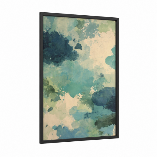 Ethereal Watercolor framed abstract expressionism print — black wood frame — teal and cream palette