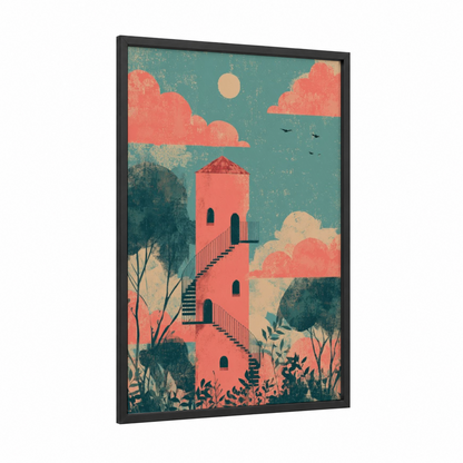 Coral Tower Sanctuary framed towers print — black wood frame — salmon pink and turquoise palette