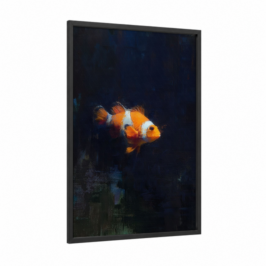 Glowing Clownfish framed clown fish print — black wood frame — orange and dark blue palette
