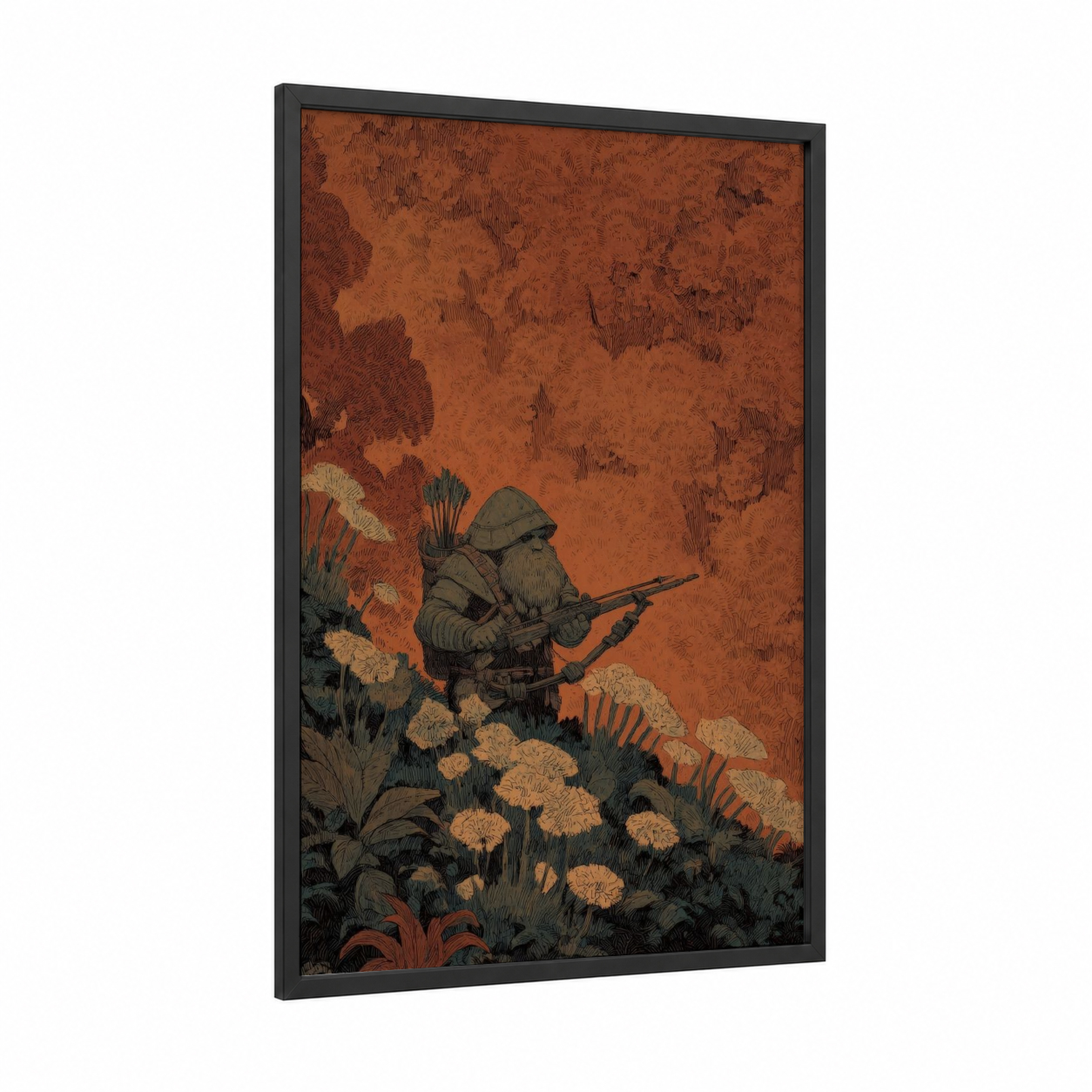 Desert Dwarf Hunter framed dwarves print — black wood frame — russet and dark green palette