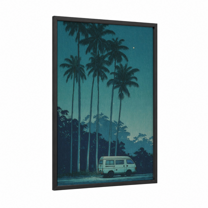 Tropical Van Escape framed art print — black wood frame — teal and dark blue palette
