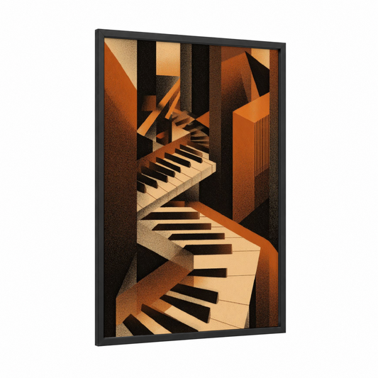 Abstract Piano Keys framed art print — black wood frame — orange and black and white palette