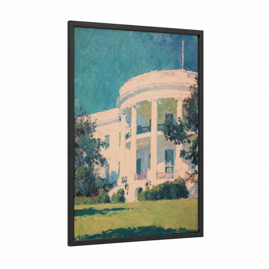 Neoclassical White House framed art print — black wood frame — blue and cream palette