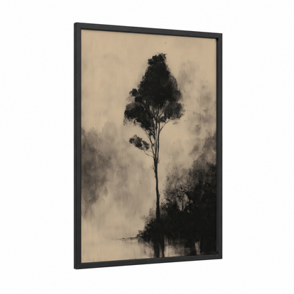 Misty Kauri Tree framed art print — black wood frame — black and white and dove gray palette