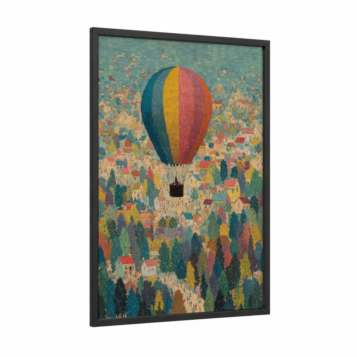 Vintage Balloon Flight framed hot air baloon print — black wood frame — teal and gold palette