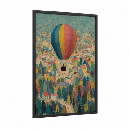 Vintage Balloon Flight framed hot air baloon print — black wood frame — teal and gold palette