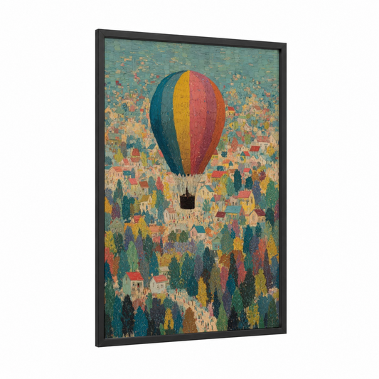 Vintage Balloon Flight framed hot air baloon print — black wood frame — teal and gold palette