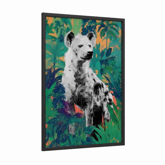 Jungle Hyena framed art print — black wood frame — teal and orange palette