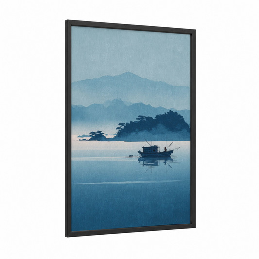 Misty Harbor Solitude framed seascapes and ocean print — black wood frame — blue and blue and white palette