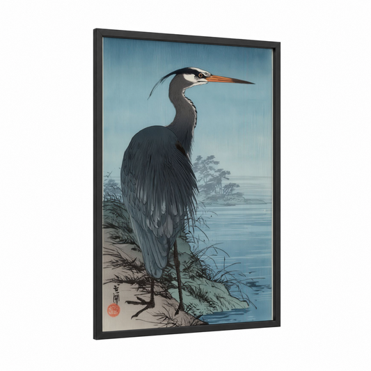 Riverside Heron framed art print — black wood frame — blue and gray and black palette