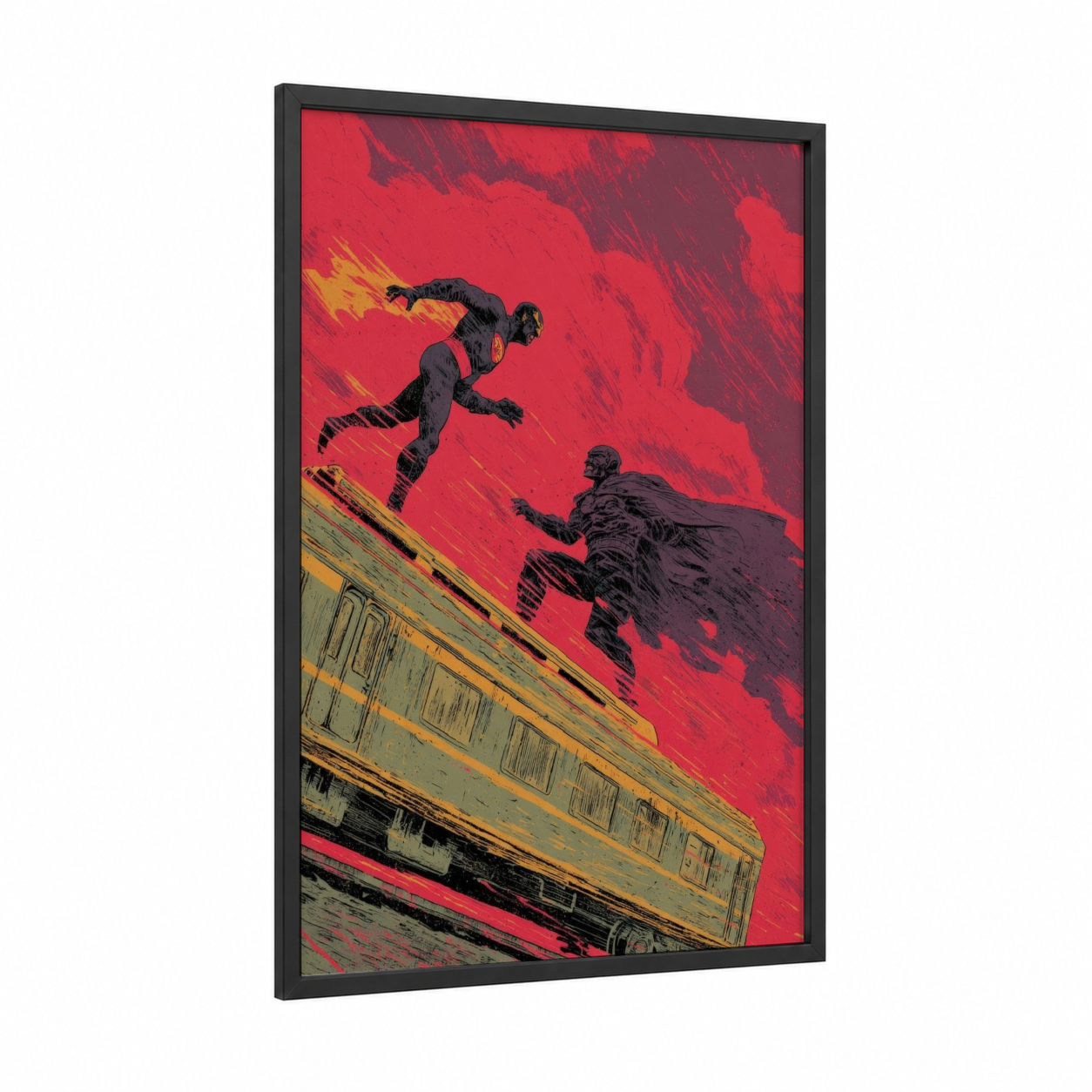 Crimson Train Chase framed art print — black wood frame — red and gold palette