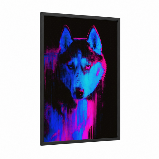 Neon Husky framed art print — black wood frame — blue and magenta palette