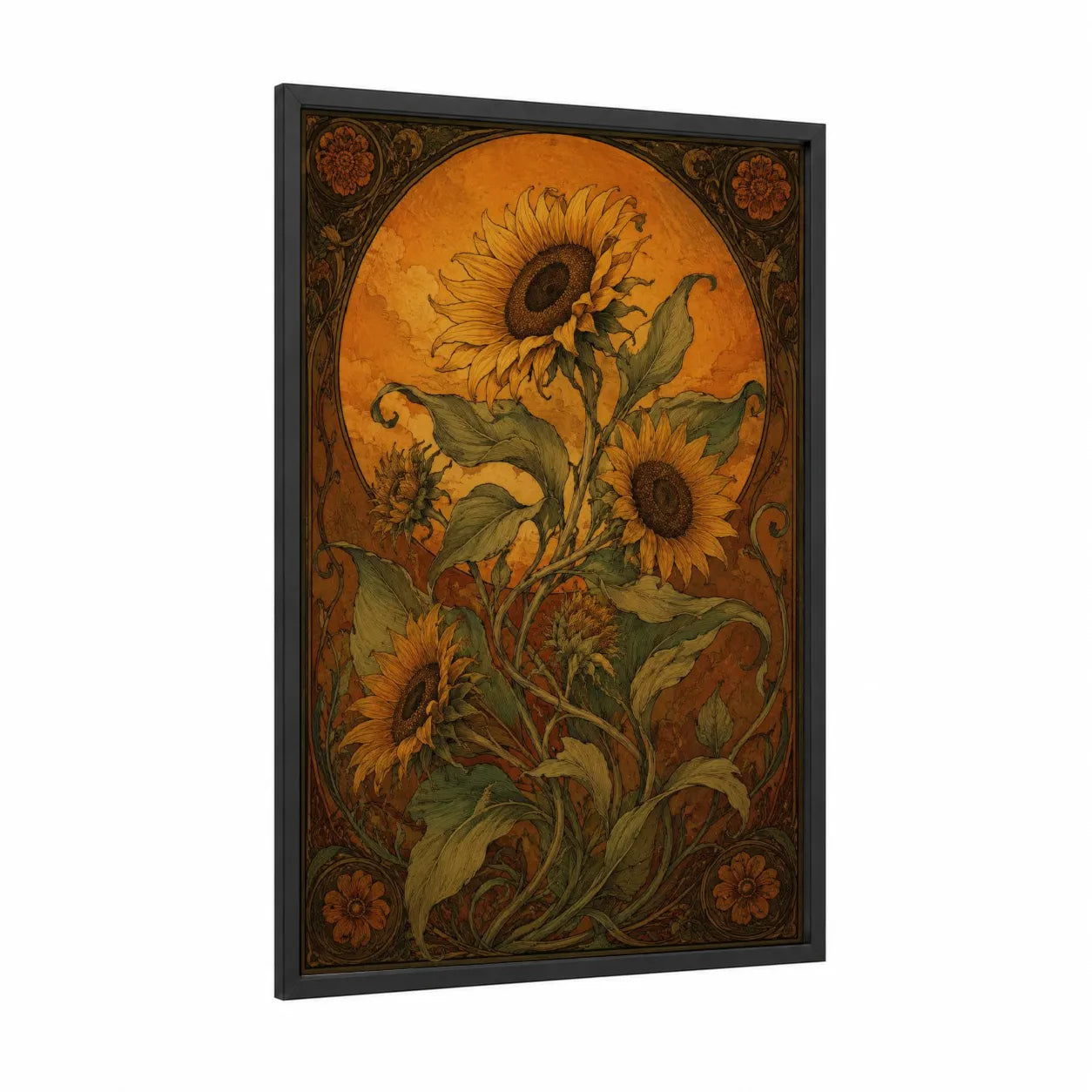 Vintage Sunflower Botanical Wall Art framed art print — black wood frame — gold and olive palette