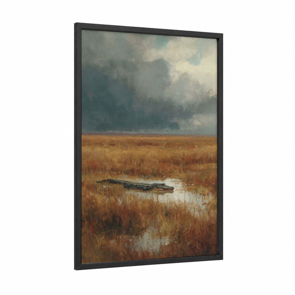 Stormy Marshland Alligator framed art print — black wood frame — gray and olive palette