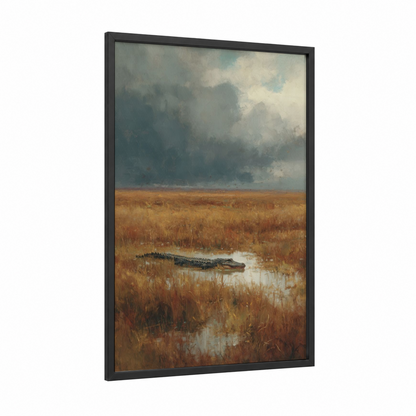 Stormy Marshland Alligator framed art print — black wood frame — gray and olive palette