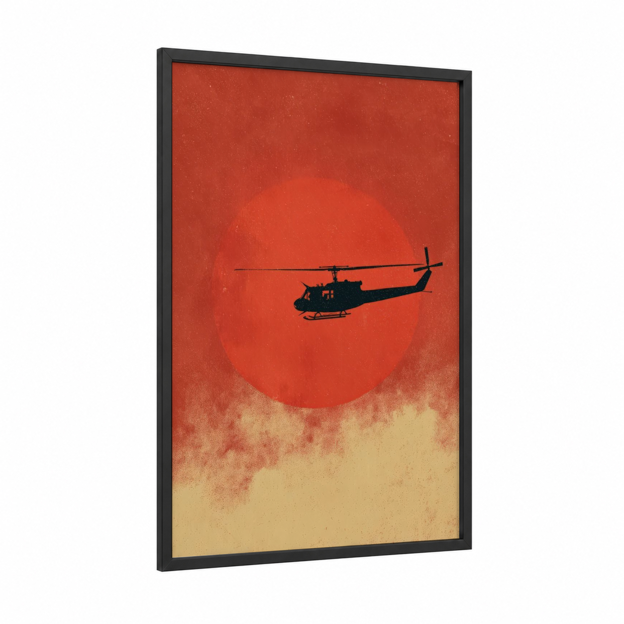 Crimson Sunset Helicopter framed art print — black wood frame — red and gold palette