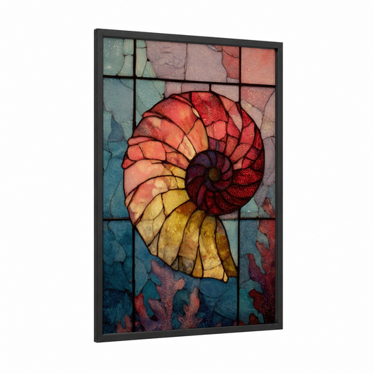 Spiral Nautilus framed art print — black wood frame — gold and red palette