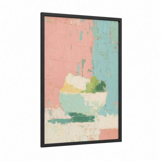 Garden Fresh Salad framed art print — black wood frame — salmon pink and light green palette