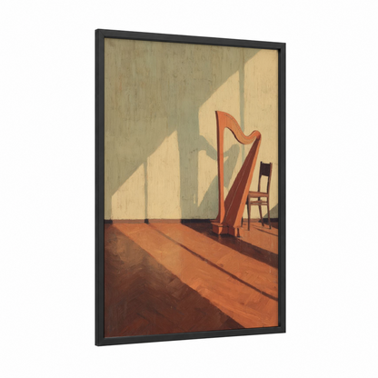 Sunlit Harp framed art print — black wood frame — russet and sage green palette