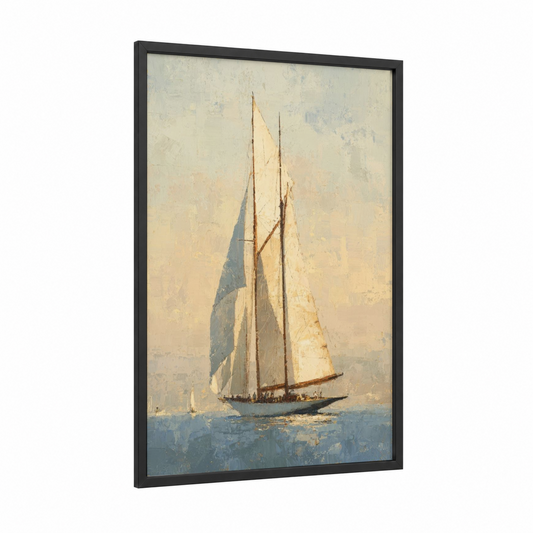 Golden Sailing Ship framed art print — black wood frame — cream and blue and gold palette